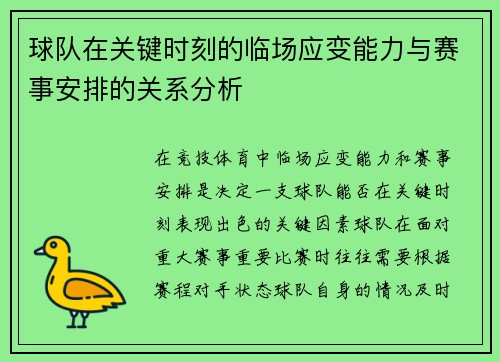 球队在关键时刻的临场应变能力与赛事安排的关系分析